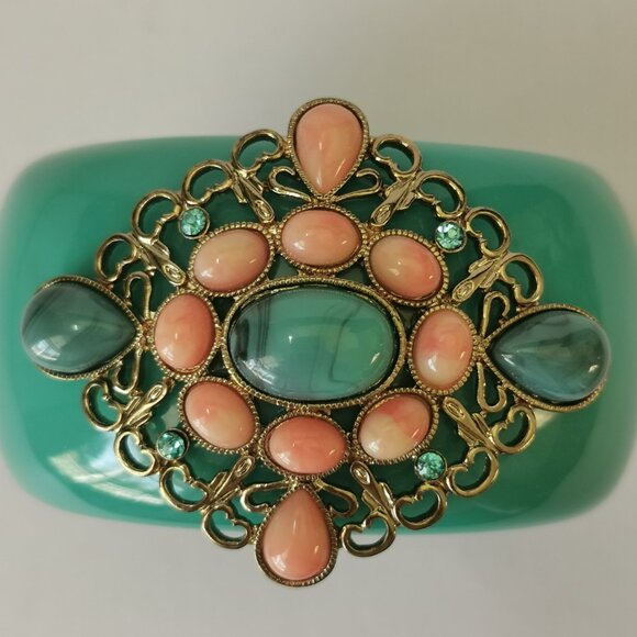 Vintage Turquoise BOHO Lucite Clamper Bangle Bracelet w rhinestones, coral - Picture 3 of 10